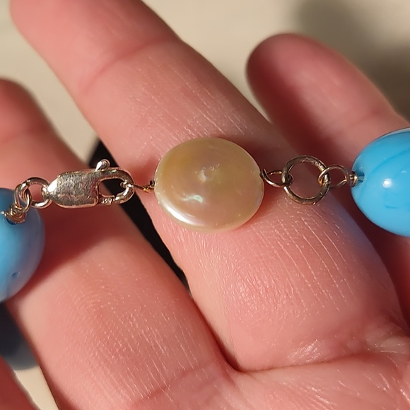 Bracelet, earrings set,925 silver,blue stone "?" One flat pearl , - Picture 2 of 5